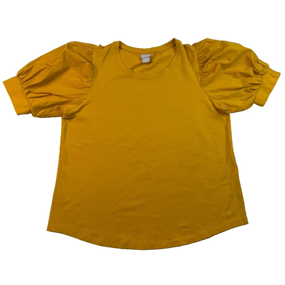 Chico's Size 2 Womens Large Mustard Yellow Puff Sleeve Top Balloon Sleeve Cotton